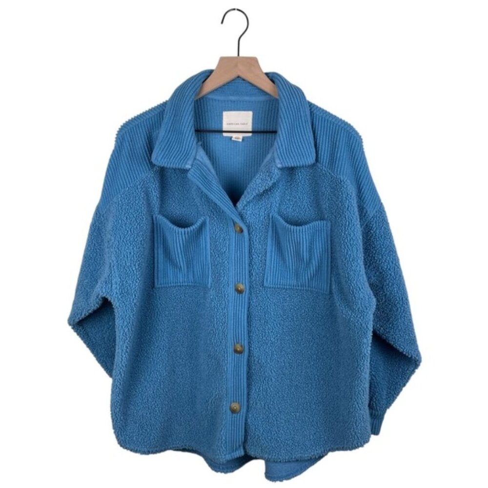American Eagle Cozy Sherpa Teddy Shacket Blue Size Medium Oversized Ribbed